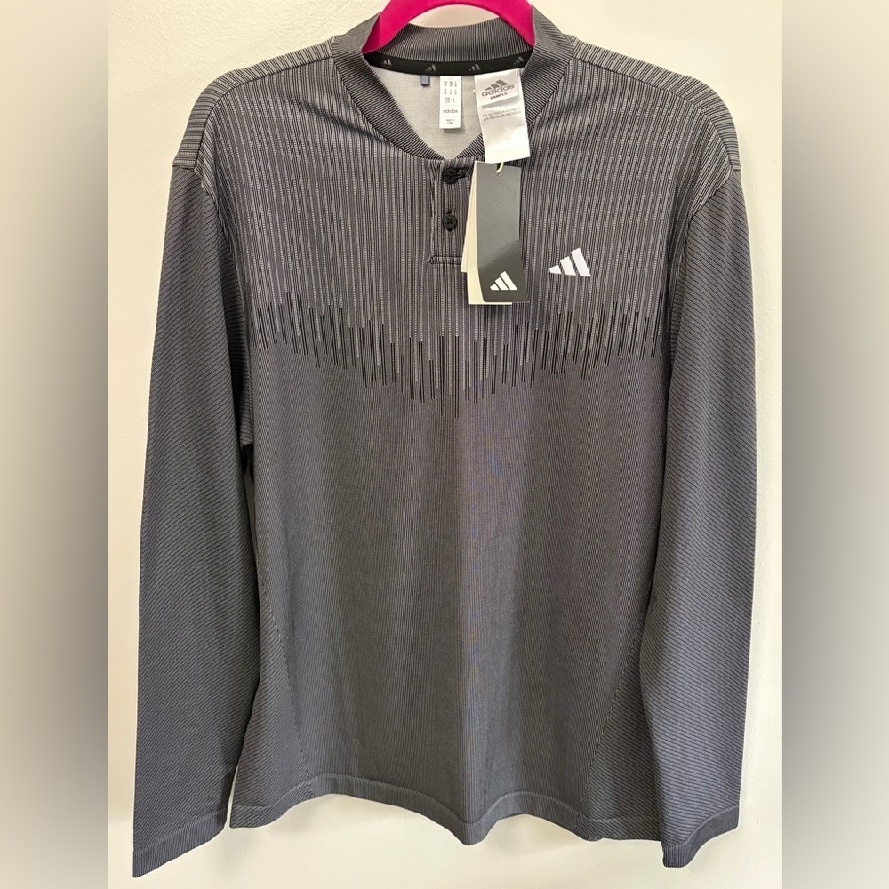 🆕 adidas Black and Gray Striped Golf Henley Long Sleeve
